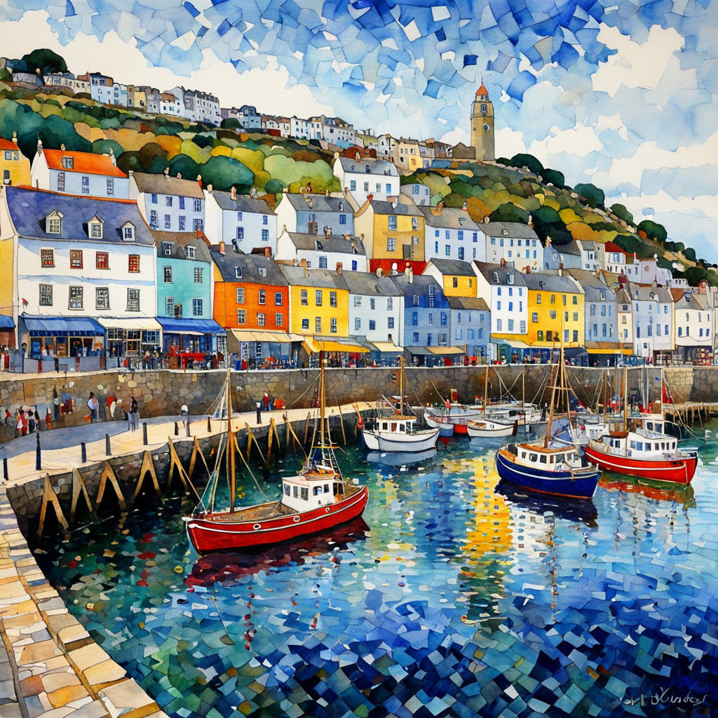 Winter Wonderland at Brixham Harbour in Vibrant Klimt-Inspir...