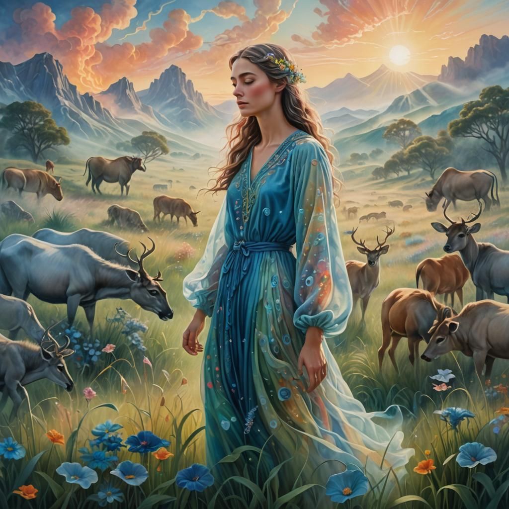 Ethereal Woman in Meadow: Photorealistic Dream Art