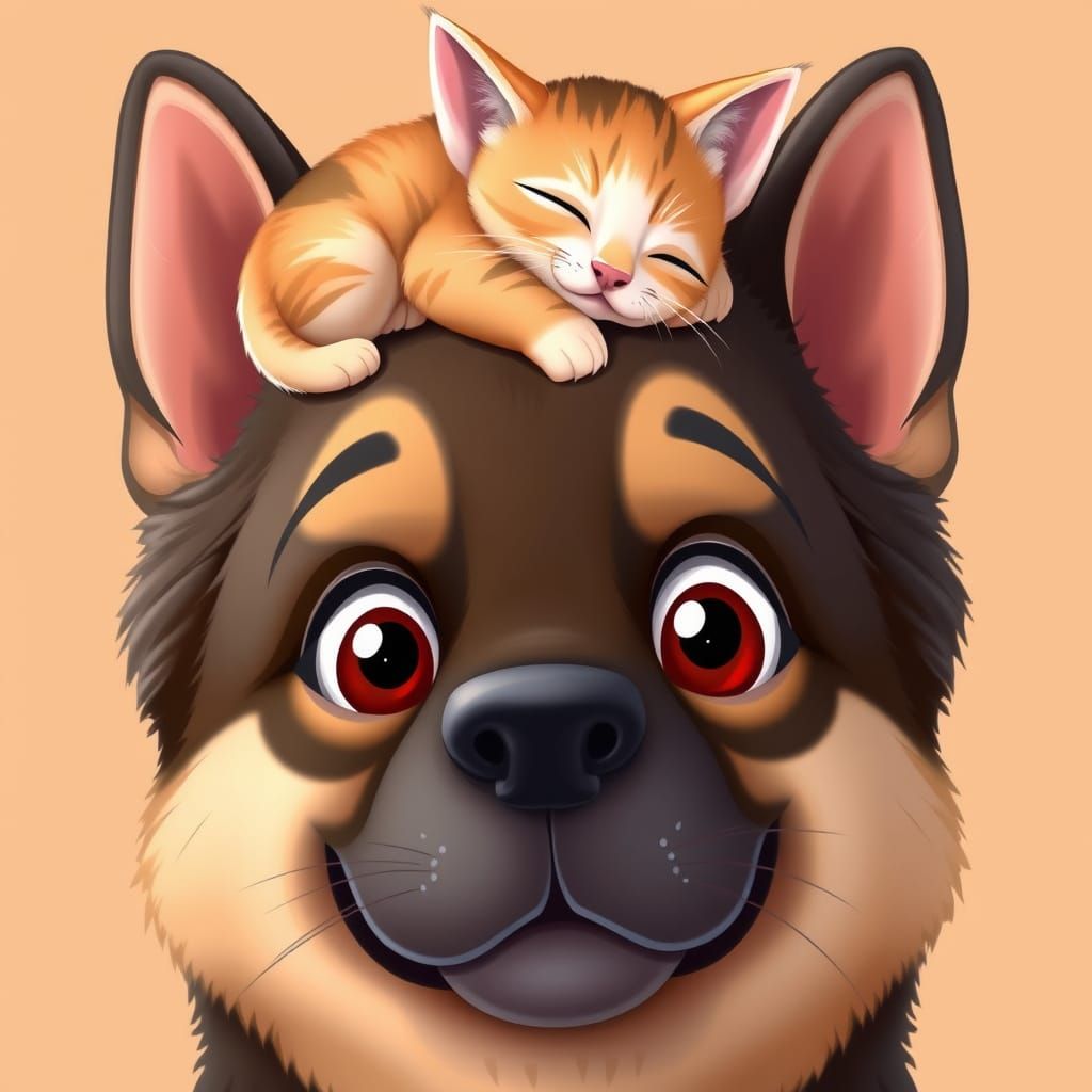 Wide-Eyed German Shepherd with Sleeping Kitten