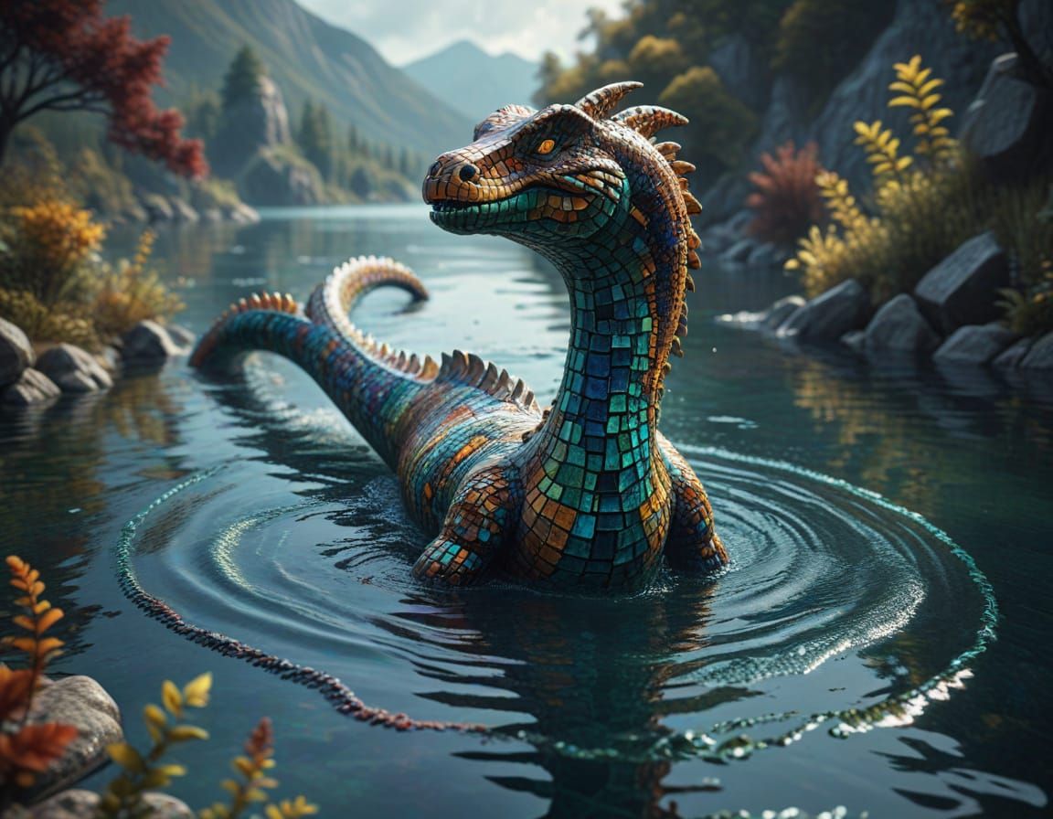 Mosaic Loch Ness Monster Emerges from Crystal Clear Water