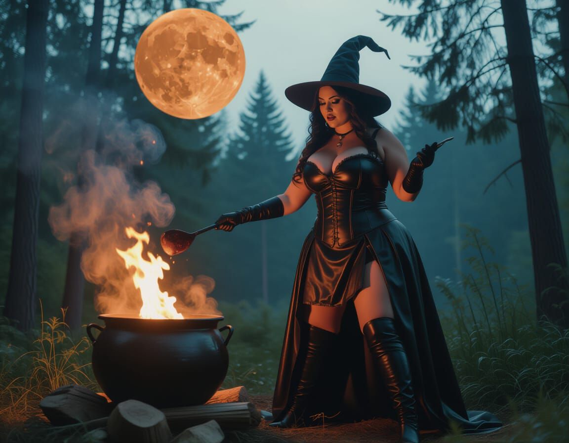 Plus Size Witch in Leather Casts Spell Under Blood Moon