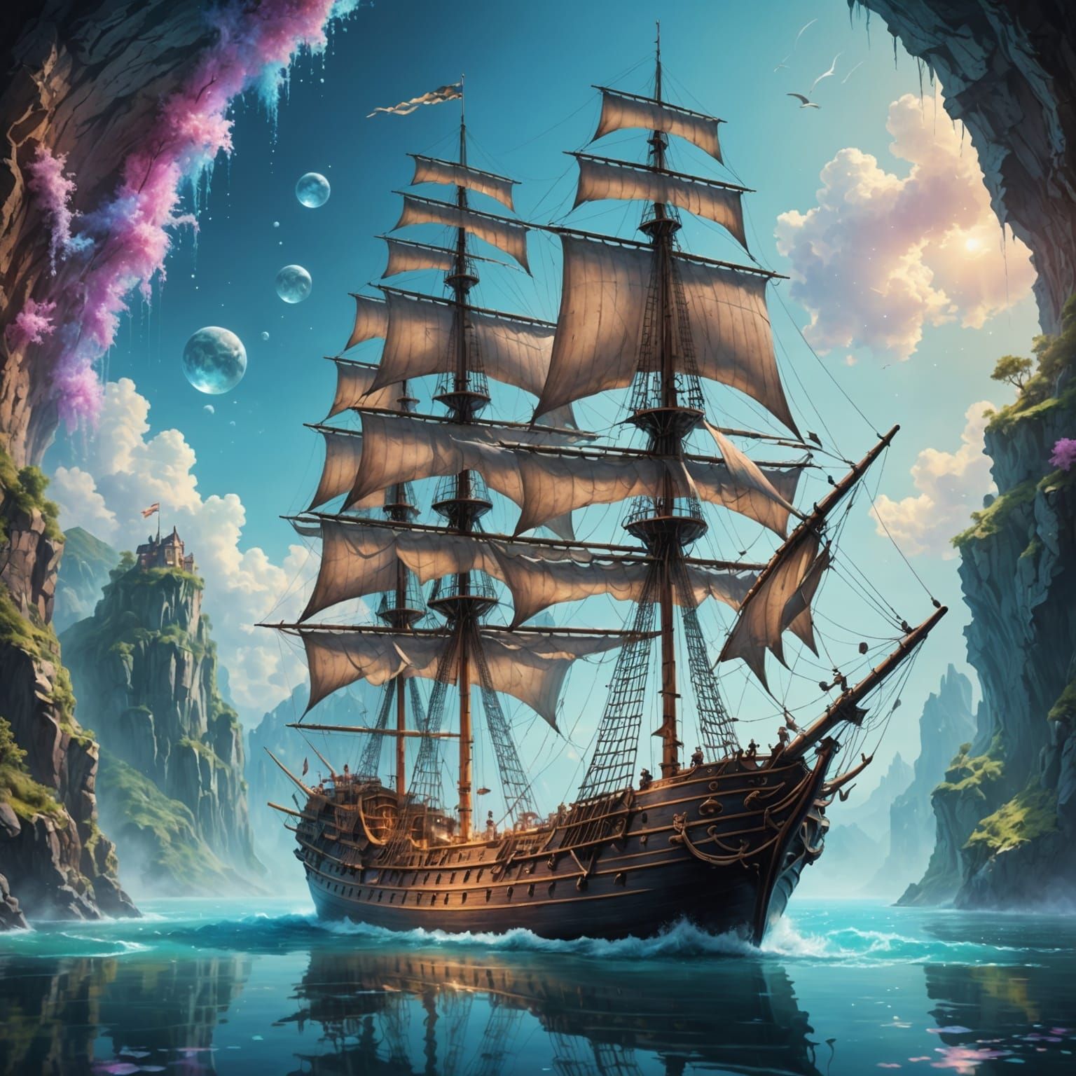 Tall Ship Made of Water in Enchanted Lab