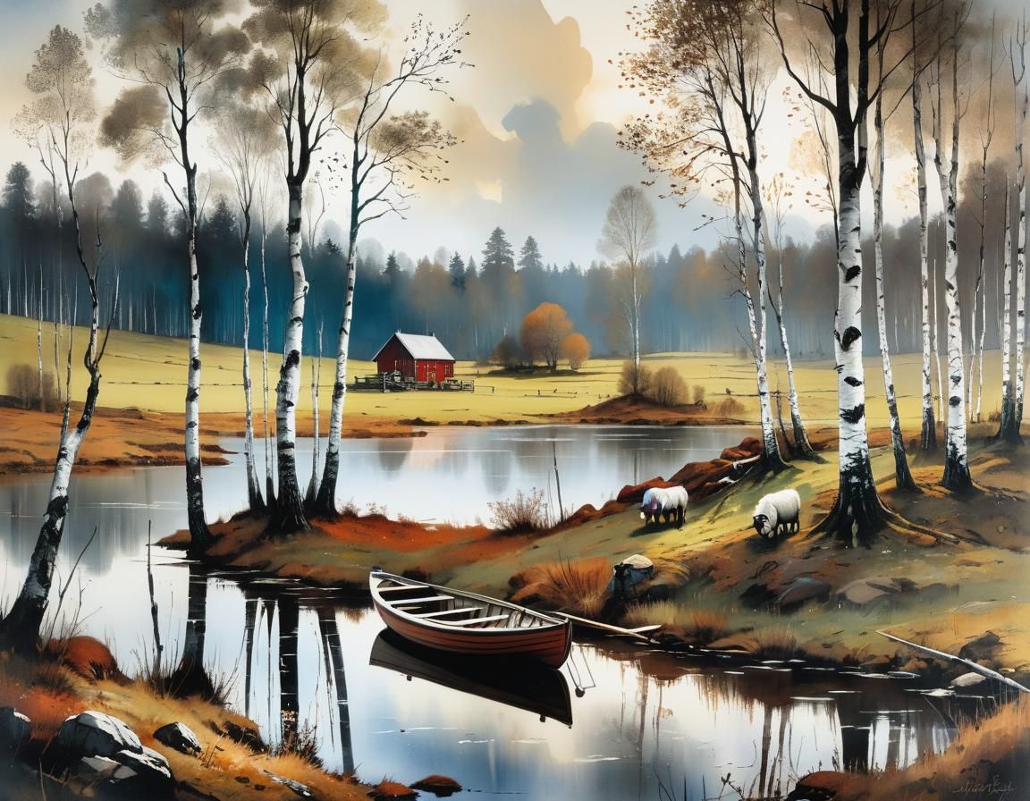 Swedish Farm Landscape in Spring, Detailed Art