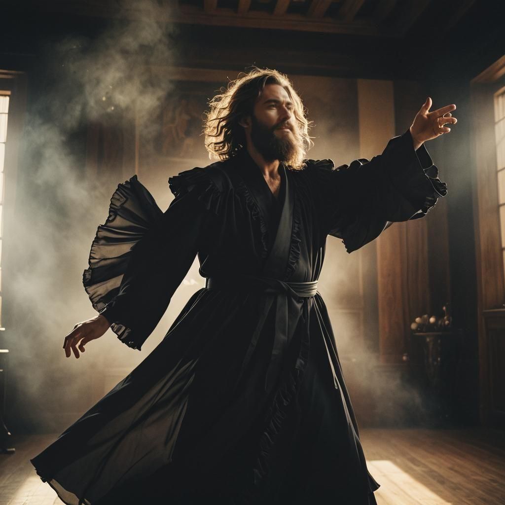 Cinematic Dance: Bearded Man in Waving Robe
