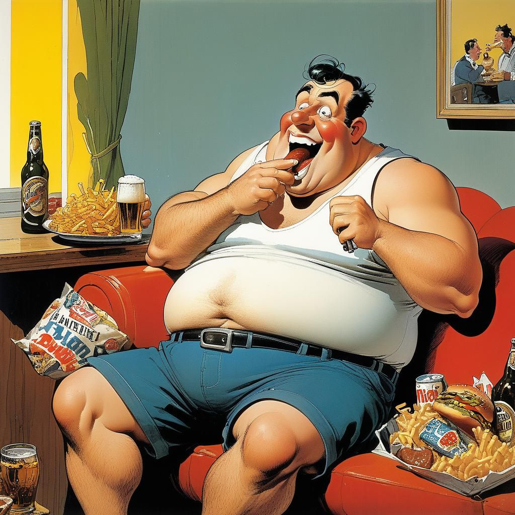 Humorous Portrait of Man Enjoying Junk Food in Cartoon Style