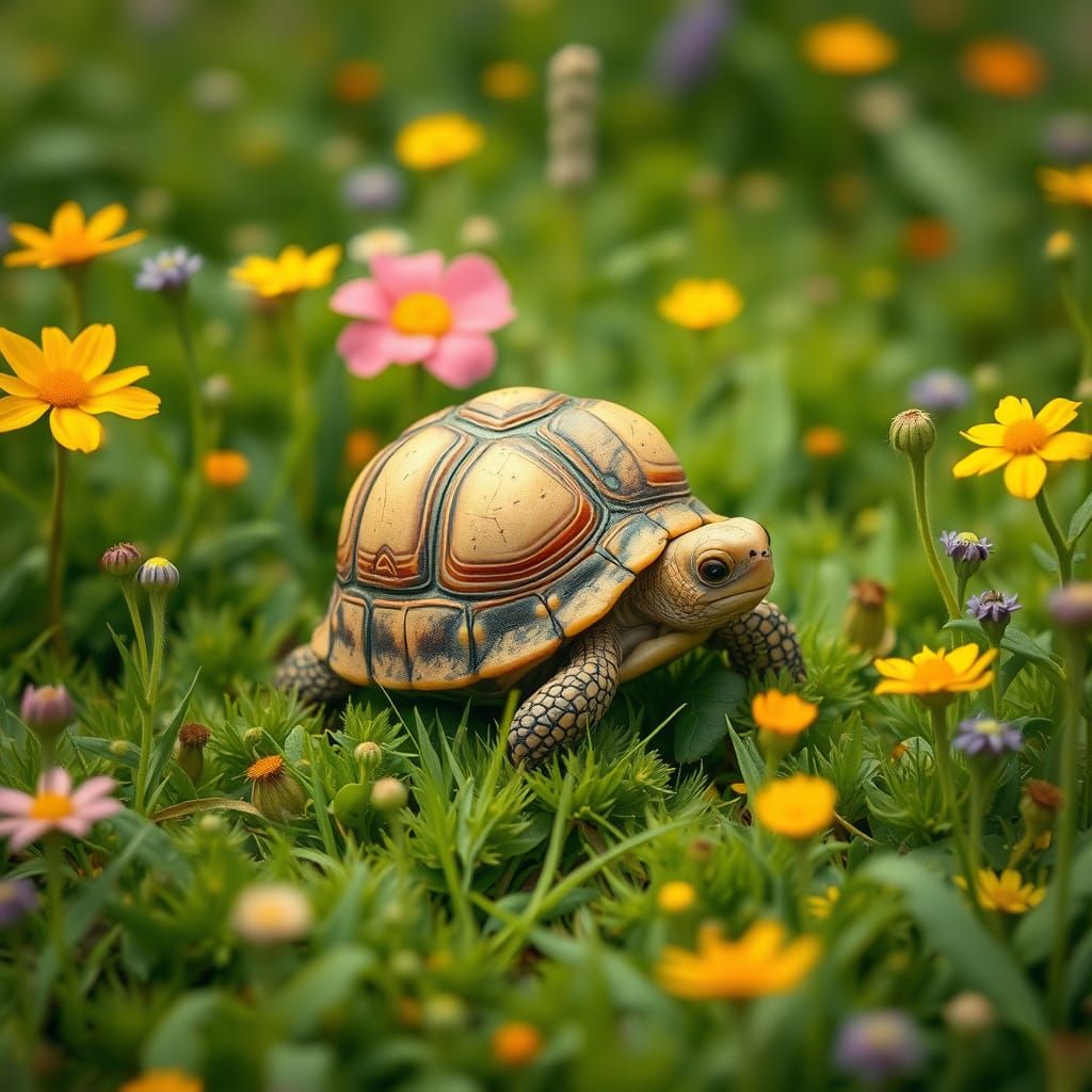 Charming Potato Turtle Roams a Whimsical Meadow