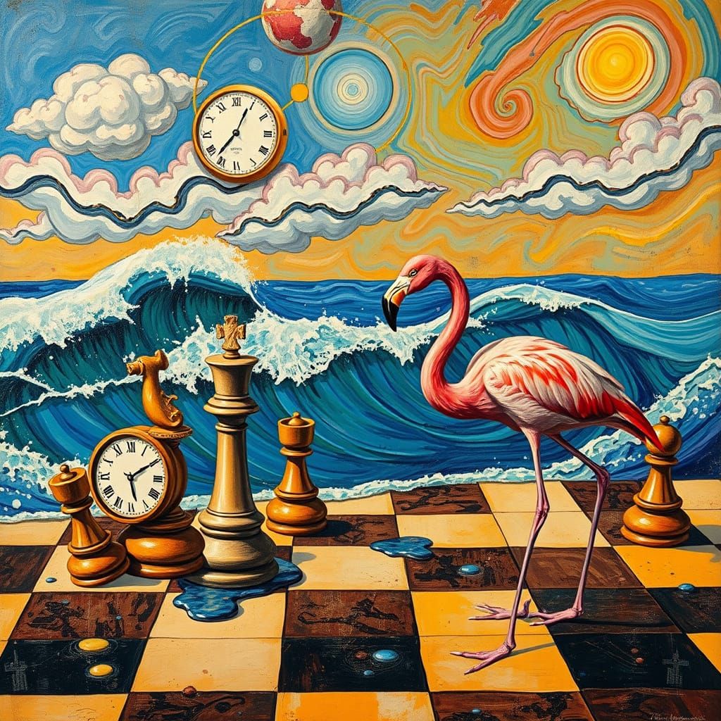 Surreal Chess Game in Mixed Media Collage Style