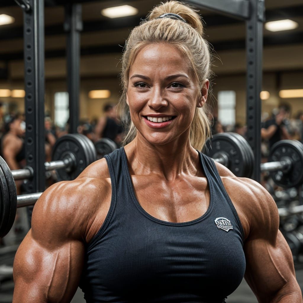 Hyper-Muscled Female Bodybuilder in Dramatic Gym Setting