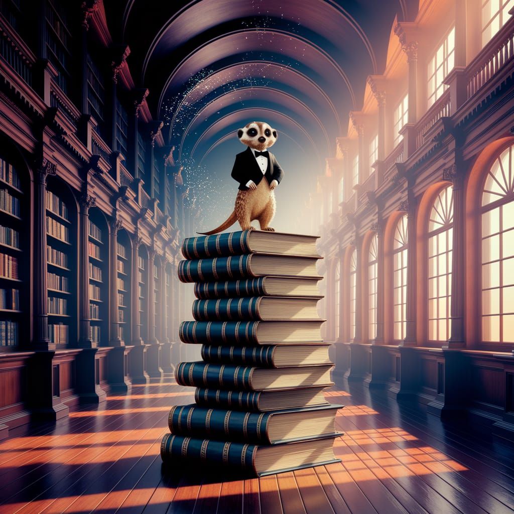 Meerkat in Tuxedo in Grand Library, Ghibli Style