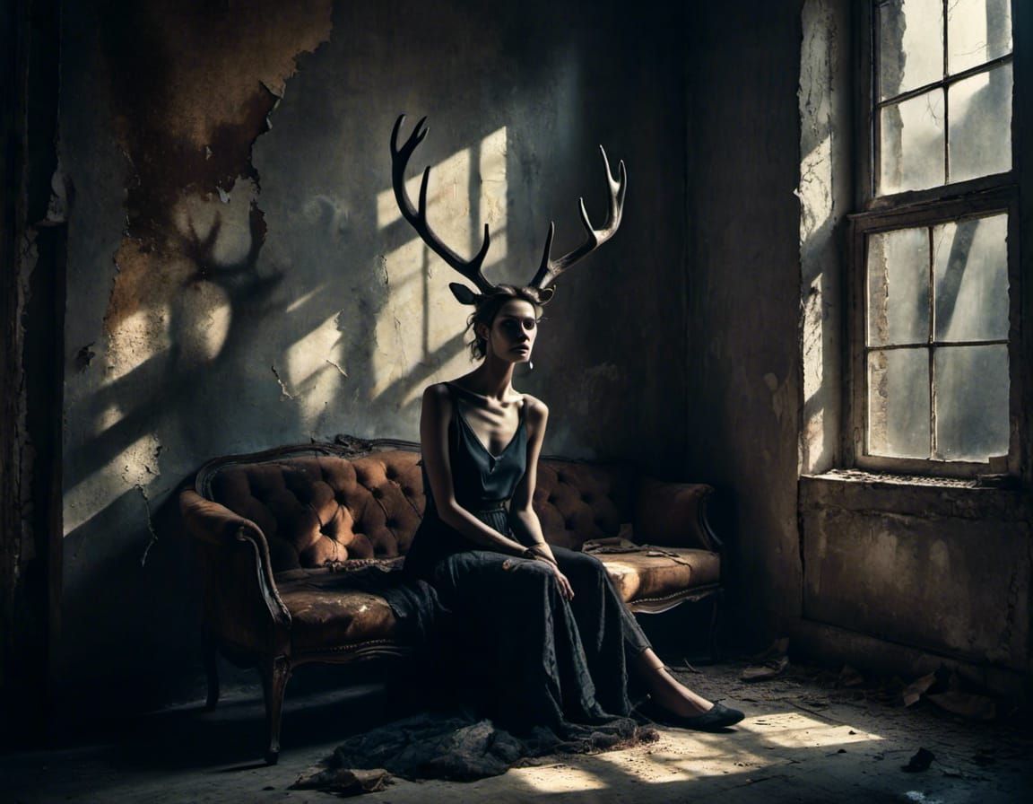 Antlered Woman in Grungy Backlit Window