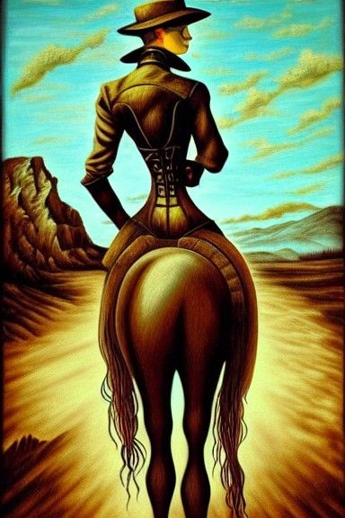 Woman, horse, hybrid, in a desolate area. steampunk painting, intricate portrait, sable hues, a masterpiece by Otto Dix:...