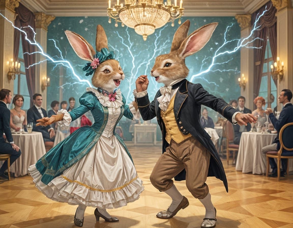 Rabbits Dancing in Ballroom, Arthur Rackham Style