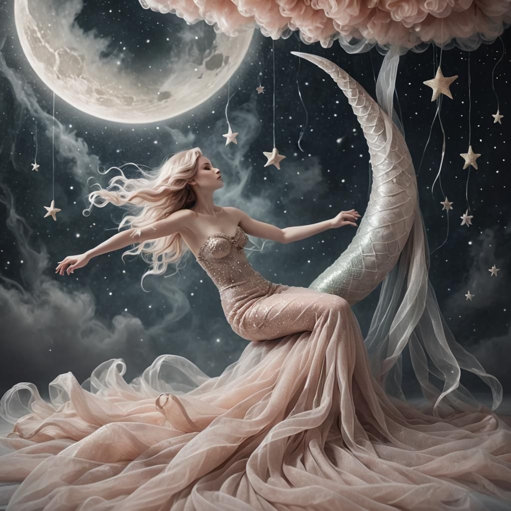 Surreal Mermaid Lounging on Tulle Moon