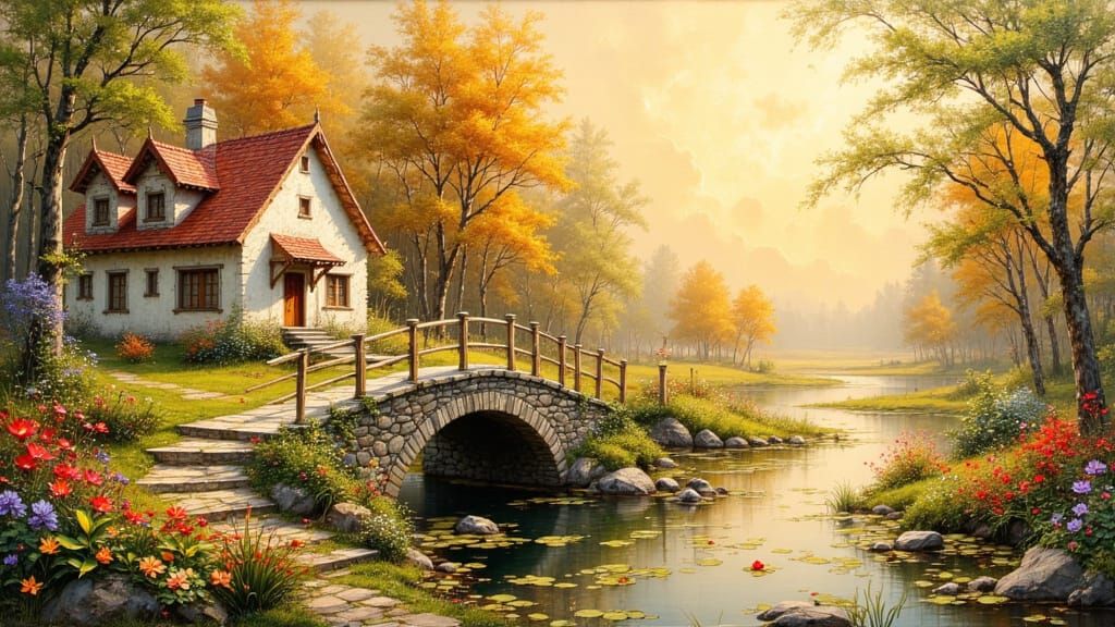 Idyllic Cottage Landscape as Impasto Oil Painting