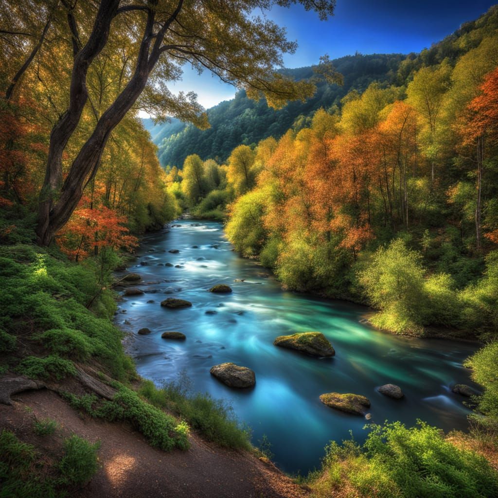 Serene Blue River Winding Through Lush Green Forest in Dream...
