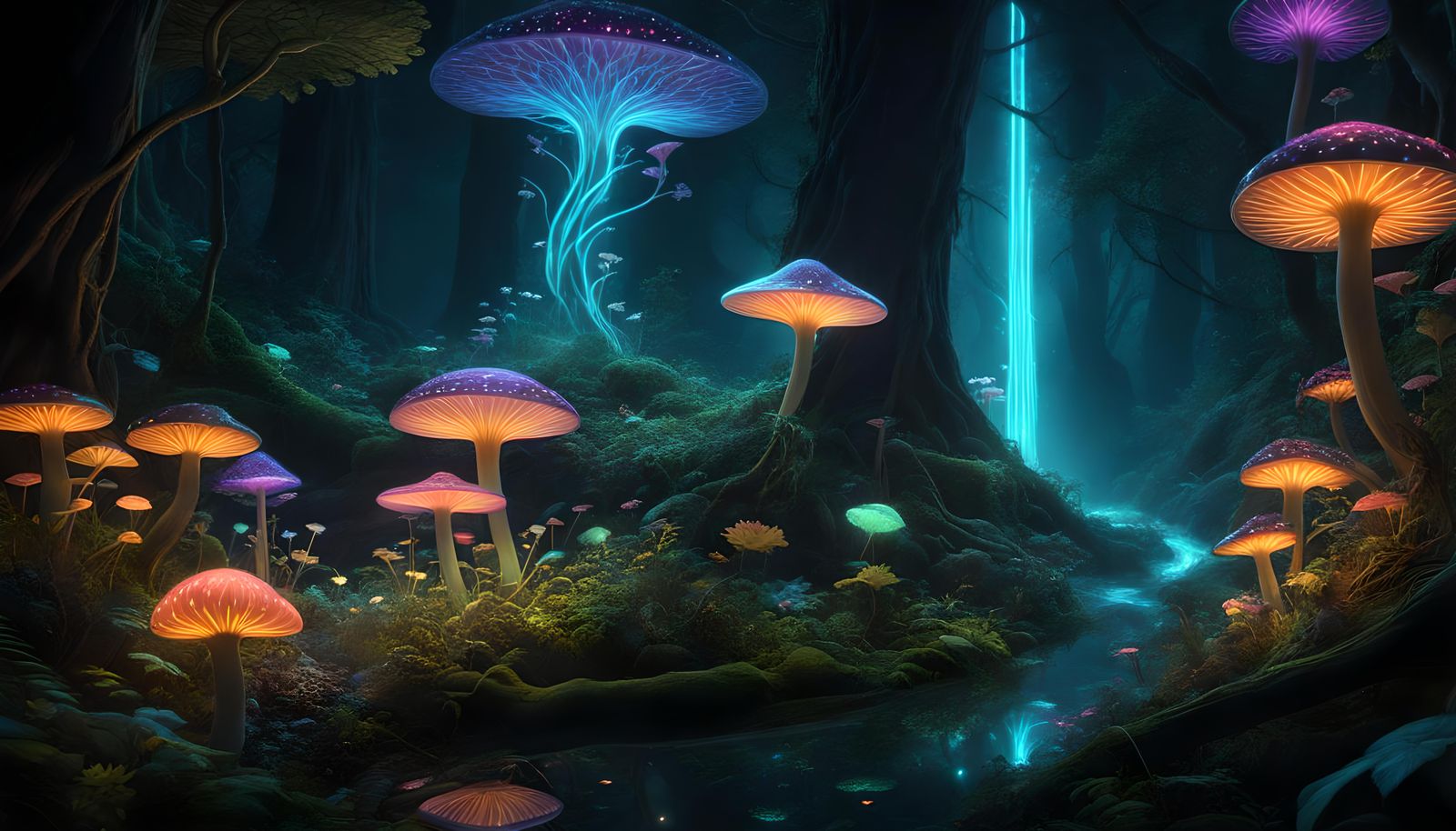 Bioluminescent Forest with Mythical Fauna