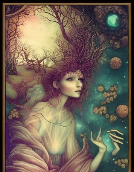 Fate Hybrid Woman in Mycelium Network: Detailed 8K Render