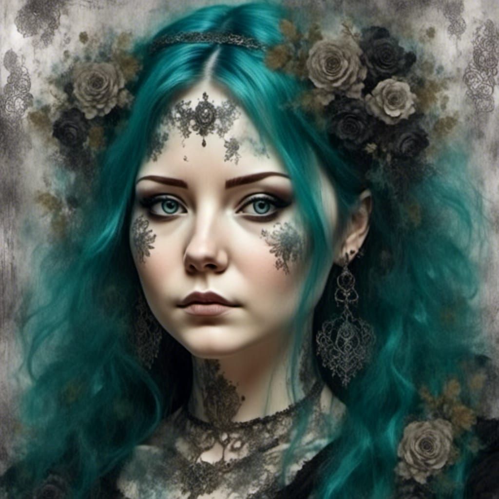 Detailed Gothic Portrait of Woman in Floral Frame