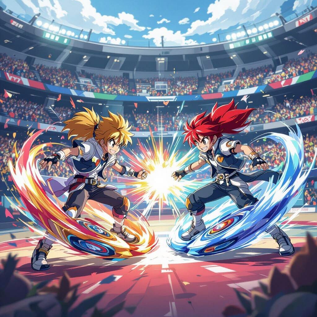 Beyblade Battle in Futuristic Stadium