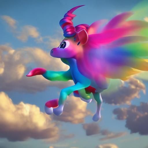Pink Unicorn Flying in Rainbow Sky, Pixar Style