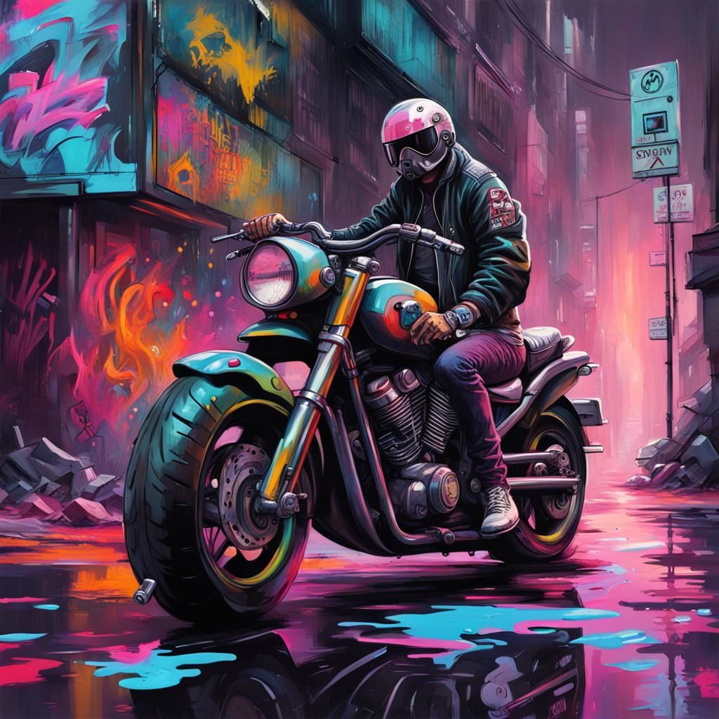 Cyberpunk Street Scene with Motorcycle in Graffiti Style