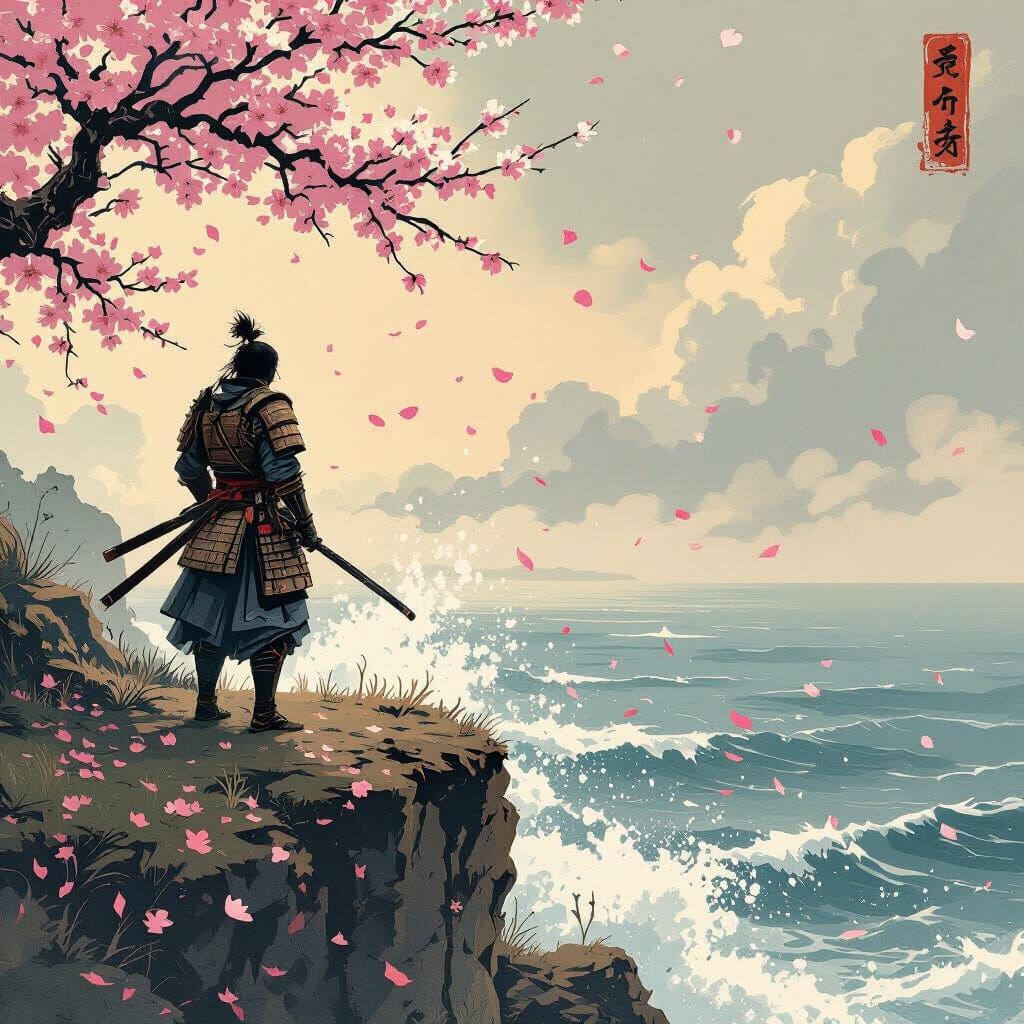 Samurai on Windswept Cliff: Ukiyo-e Inspired