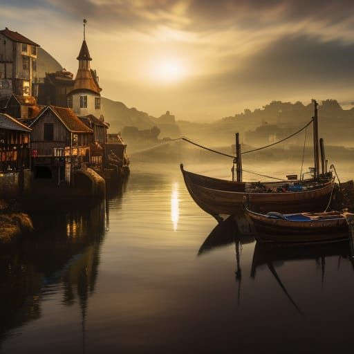 Picturesque Medieval Fishing Village in Detailed Matte Paint...