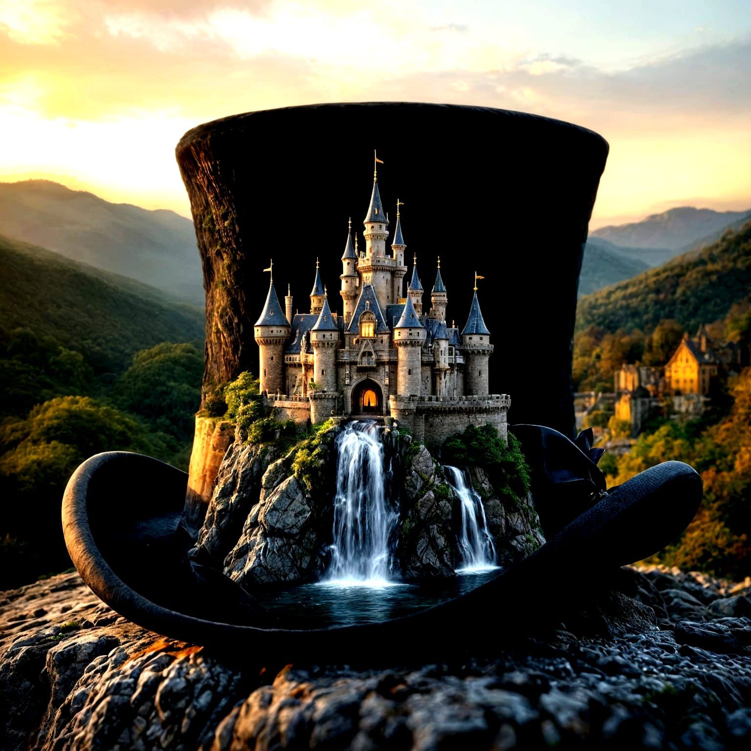Castle Top Hat with Waterfall, Realistic Photo