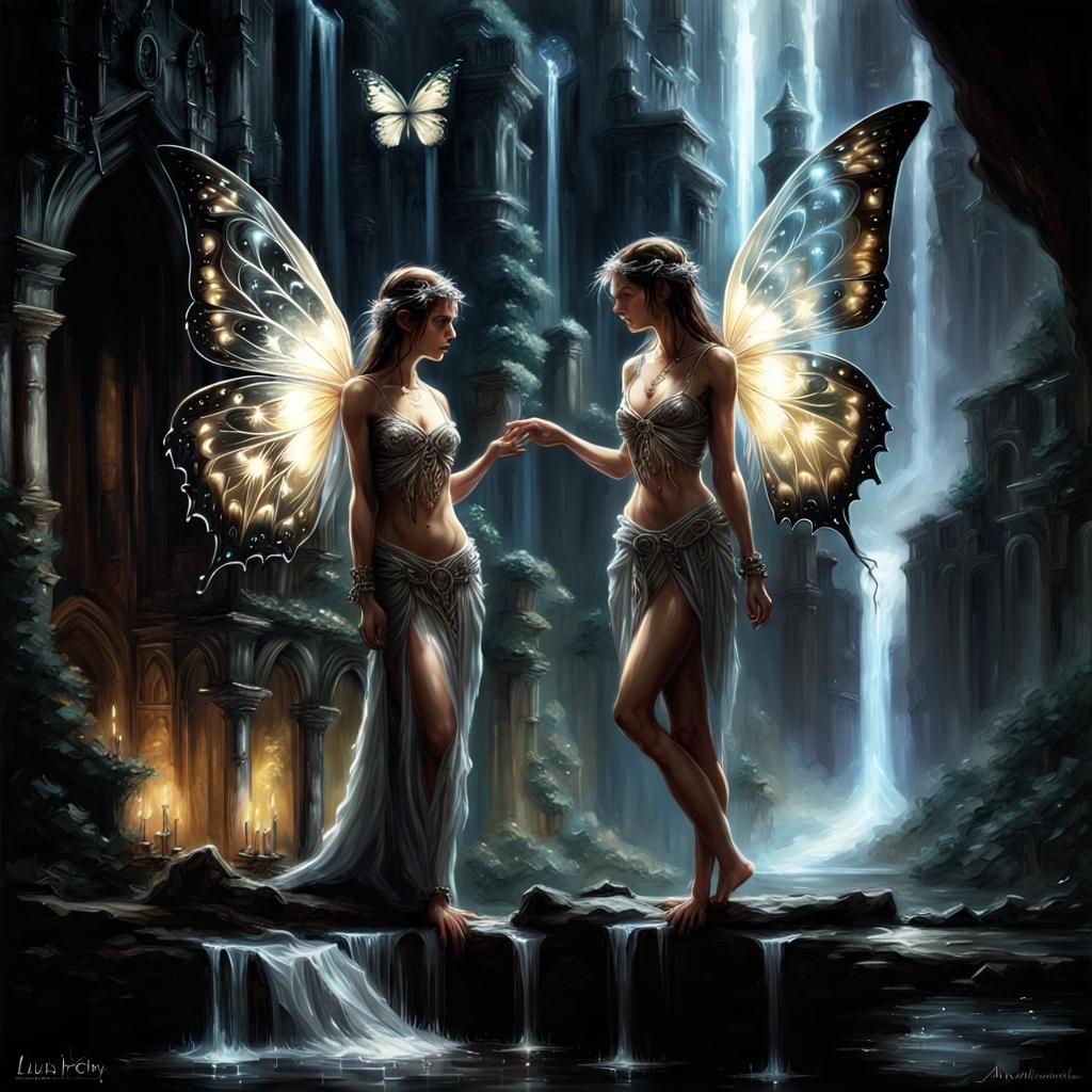 Luminescent Fairies by Waterfalls in Fantasy Castle