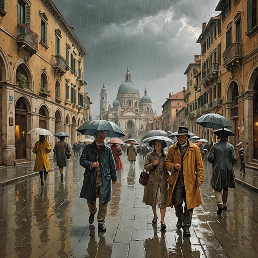 Walking through Rain in Serene Canaletto Style