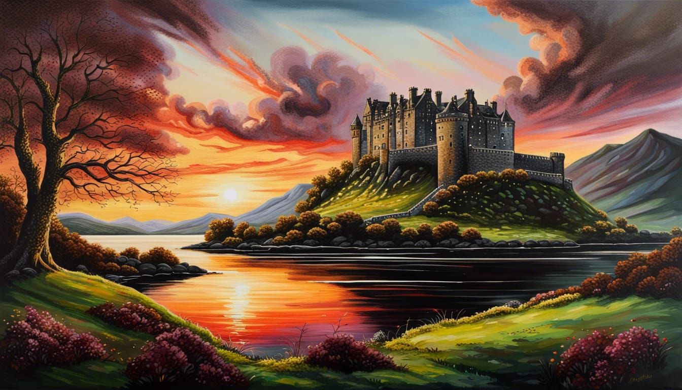 Scottish Highlands Sunrise: Castle on Loch in Acrylic Art