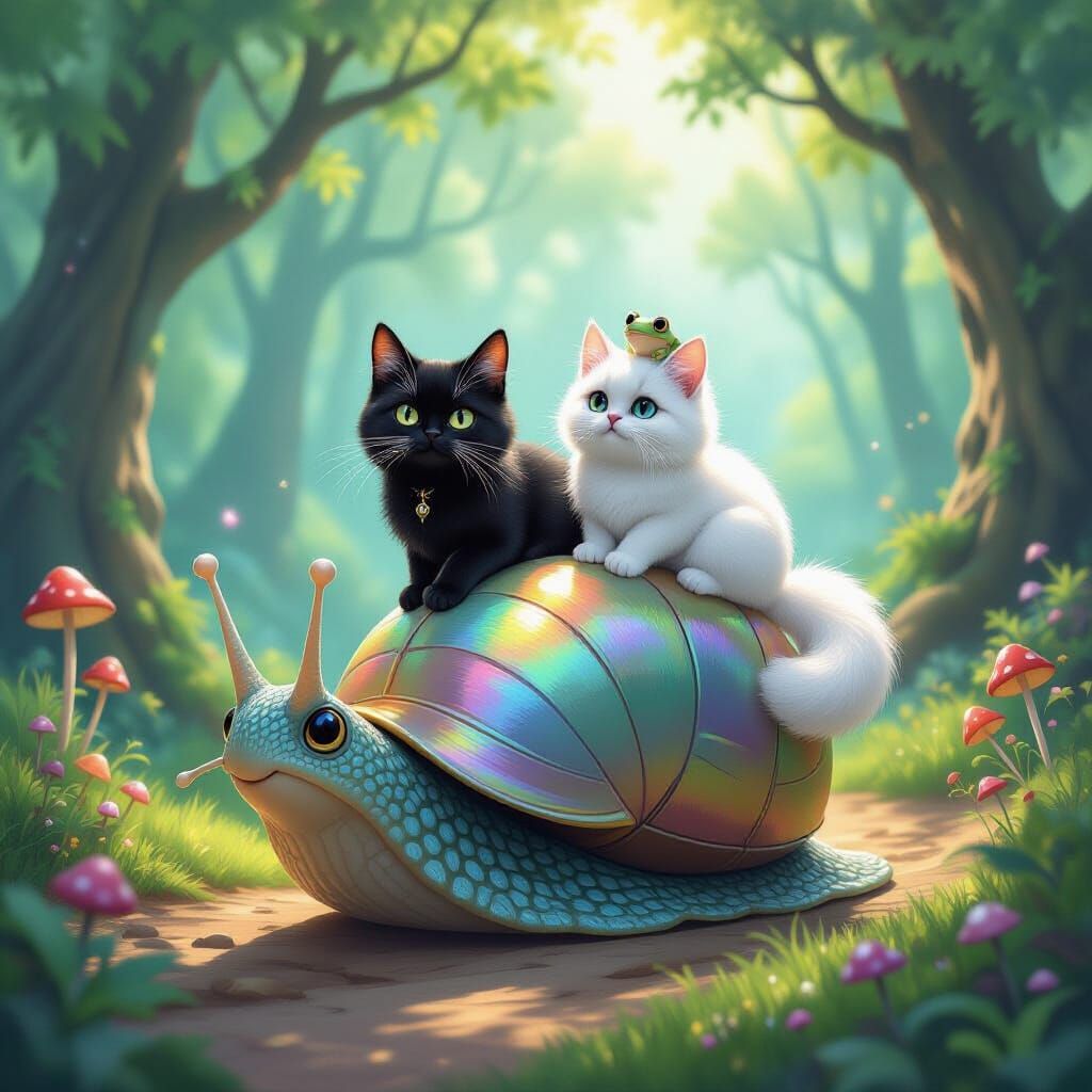 Cats Ride Snail with Mushroom Frog in Enchanted Forest