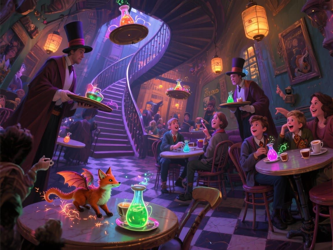 Enchanted Wizard Cafe with Impossible Geometry and Neon Poti...