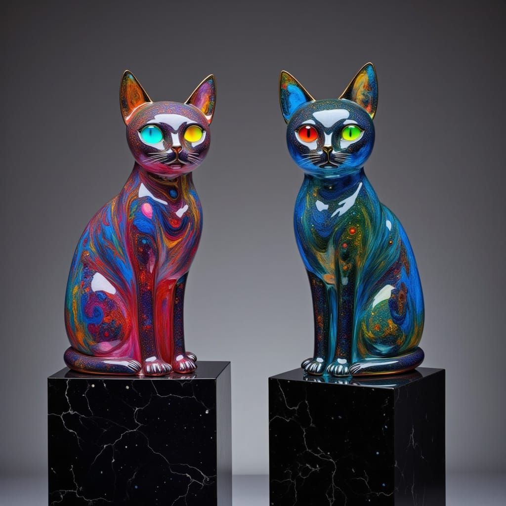 Sparkling Feline Glass Sculptures on Obsidian Pillars