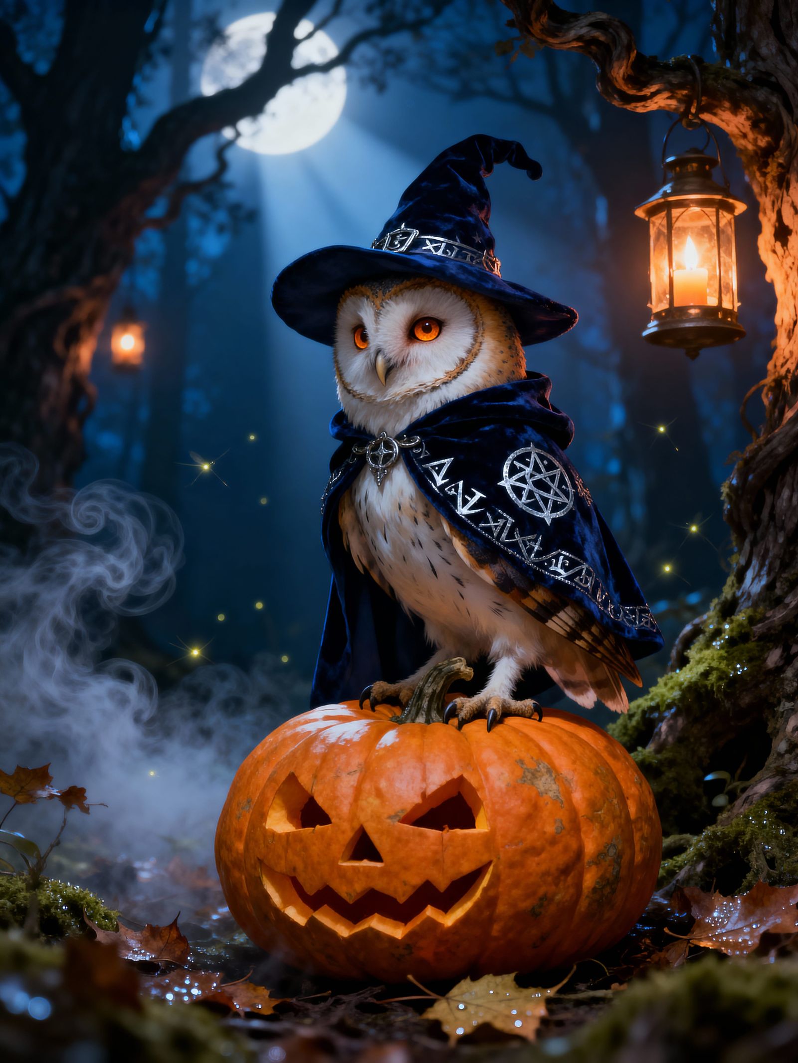 Barn Owl Wizard on Pumpkin in Moonlit Forest