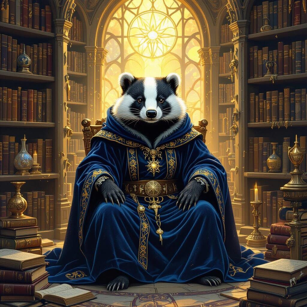 Badger Sage in Mystical Library, Whimsical Illustration