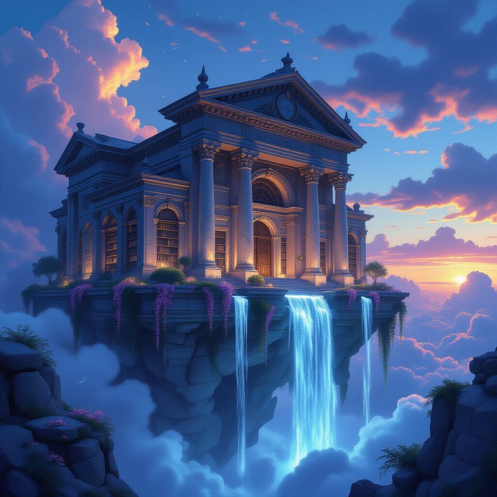 Floating Crystal Library in Twilight Sky