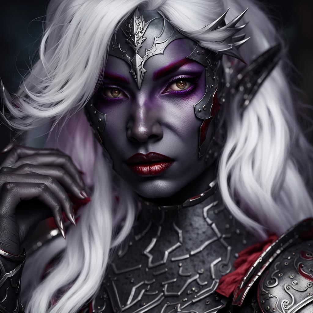 charcoal coloured skin, female elf, magical red eyes, white ...