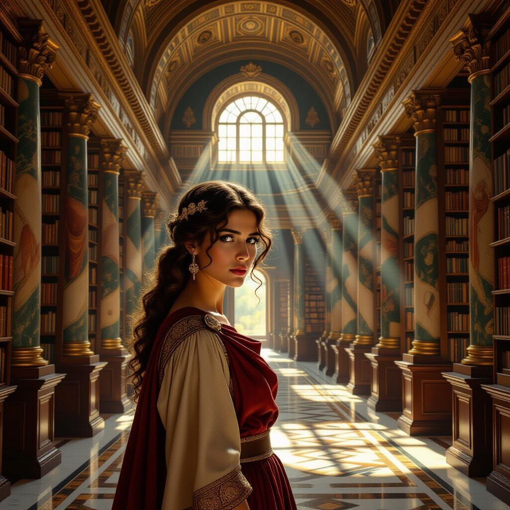 Hypatia in the Library of Alexandria, Hyperrealistic Oil Pai...