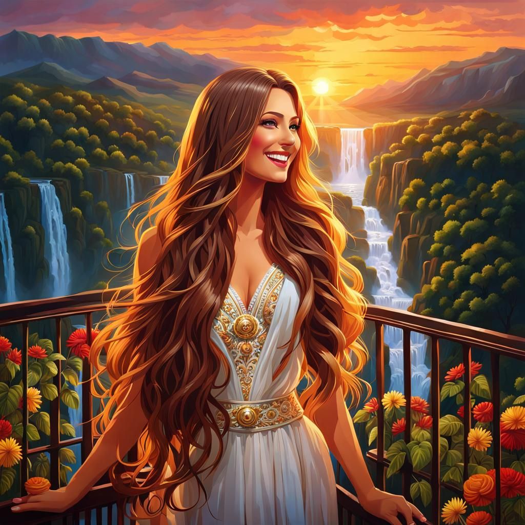 Beautiful Woman Smiles as Waterfall Streams Down