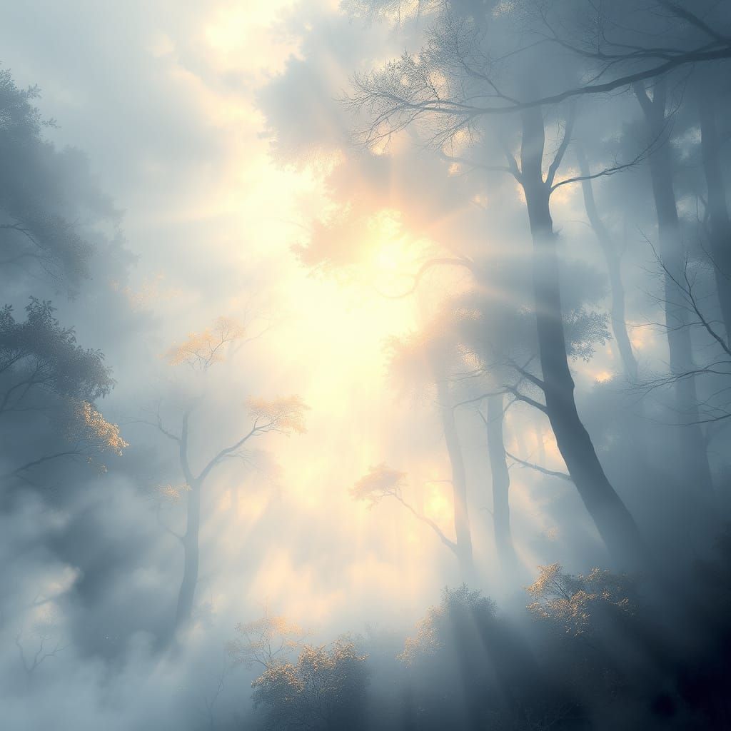 Ethereal Foggy Forest with Golden Sunlight