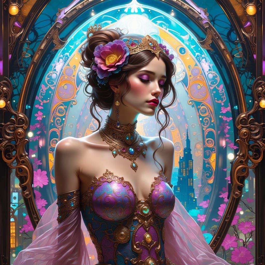 Sensual Steampunk Goddess in Art Nouveau Cityscape