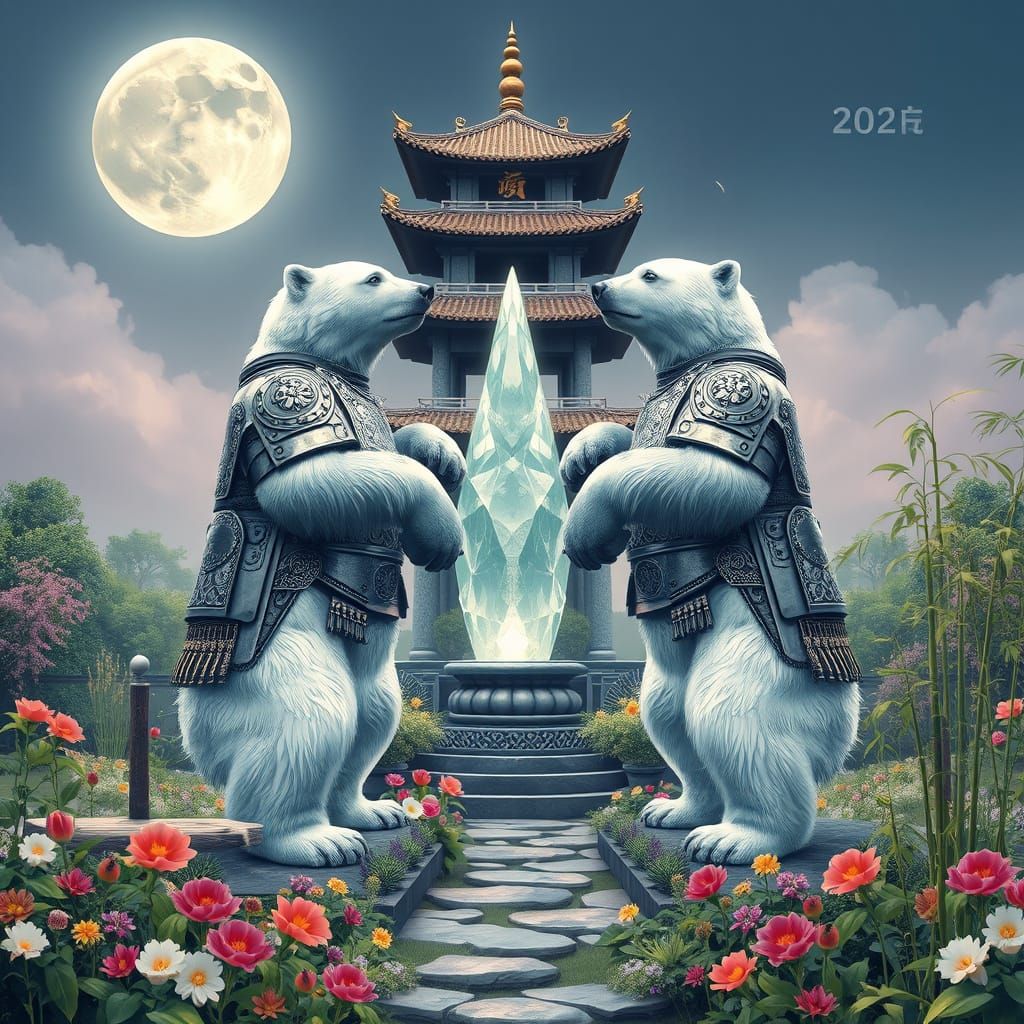 Majestic Polar Bears in Regal Armor Stand Guard Amidst a Ser...