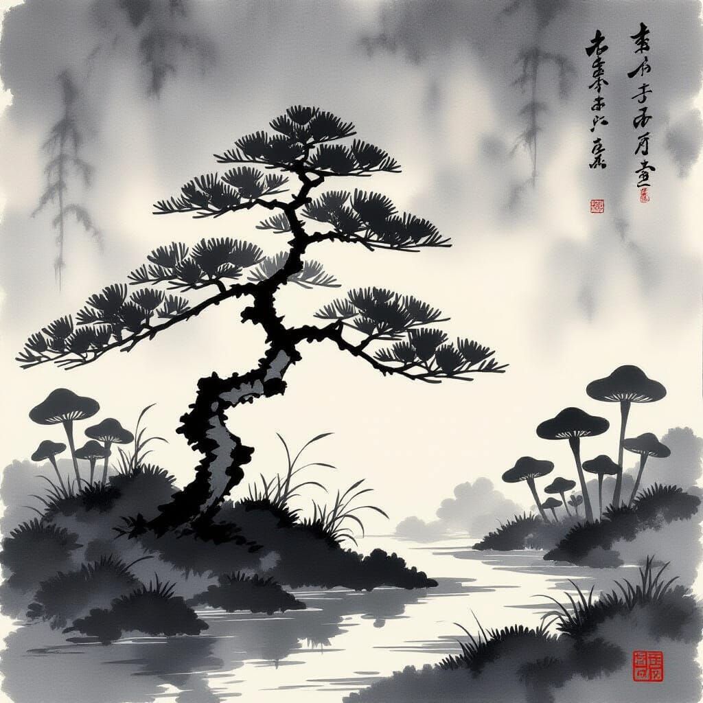 Serene Sumi-e Bonsai Garden with Glowing Mushrooms