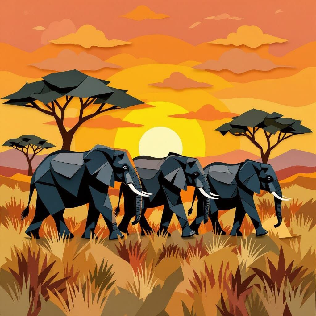Elephant Collage on the Savannah in Assemblage Style