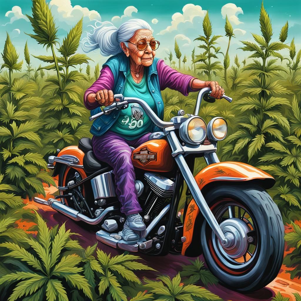 Old Lady Harley Ride in Graffiti Art Style