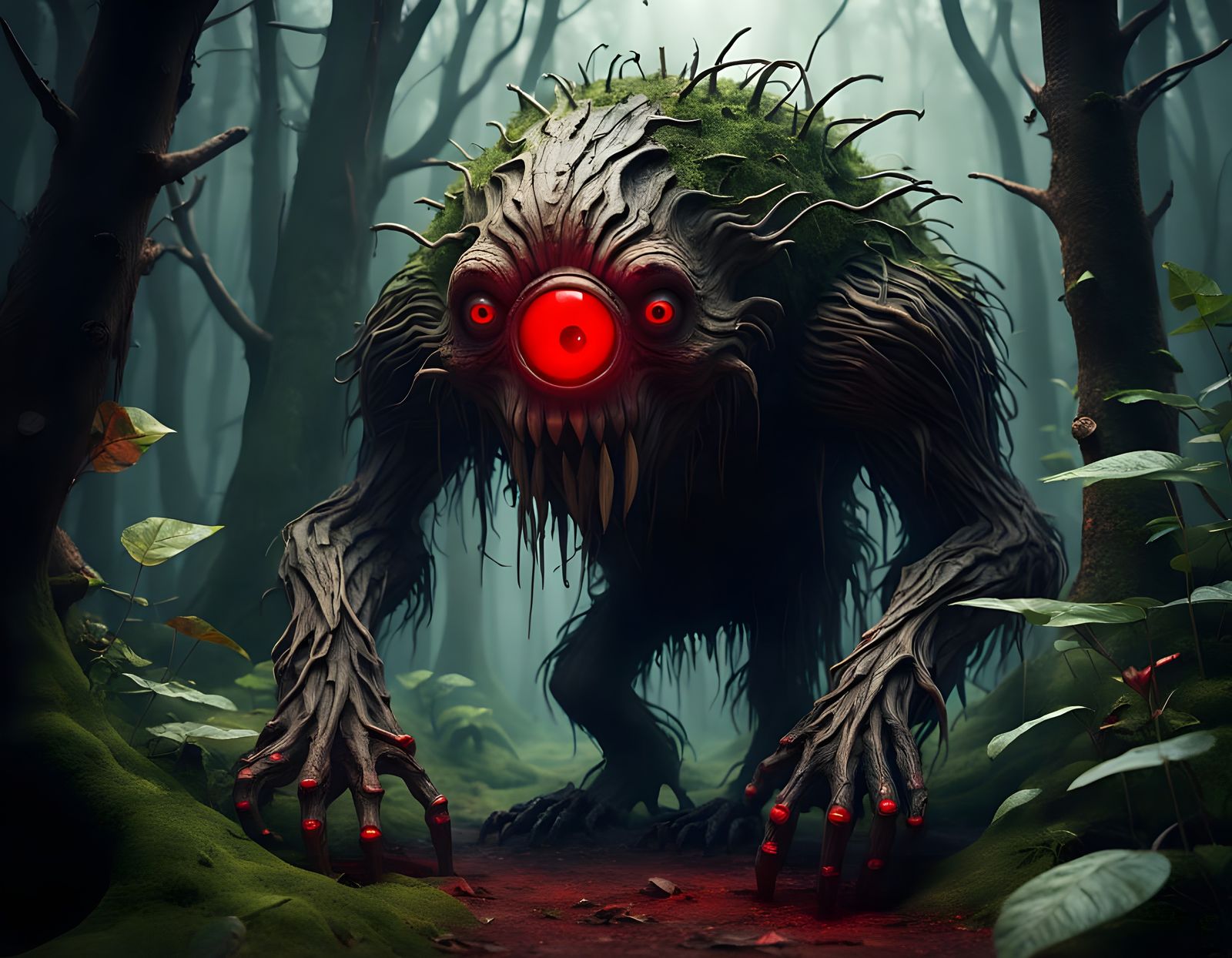 A scary looking wood creature with a red eye, in the mysterious jungle