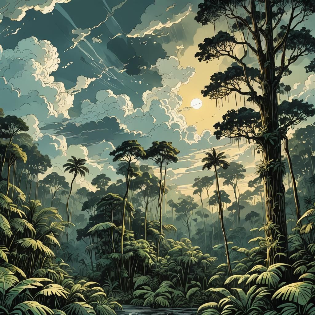 Rainforest at Dusk: Detailed Digital Illustration