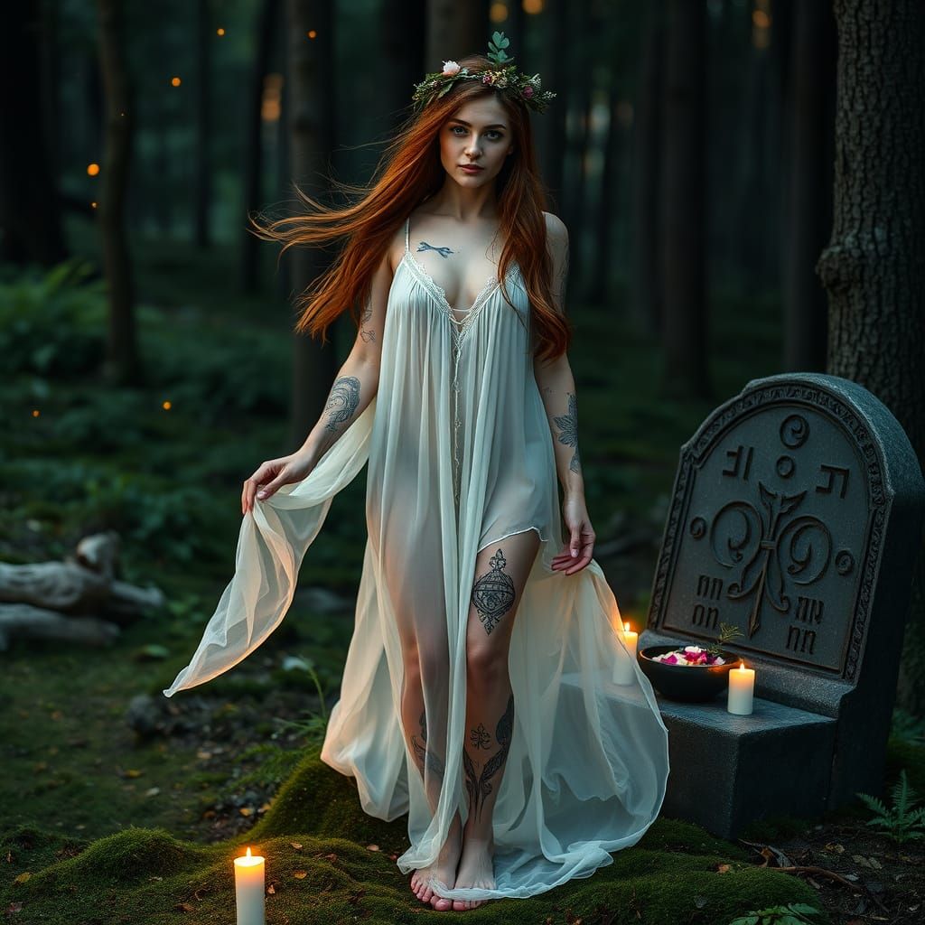 Mystical Slavic Woman with Rune Tattoos in Forest