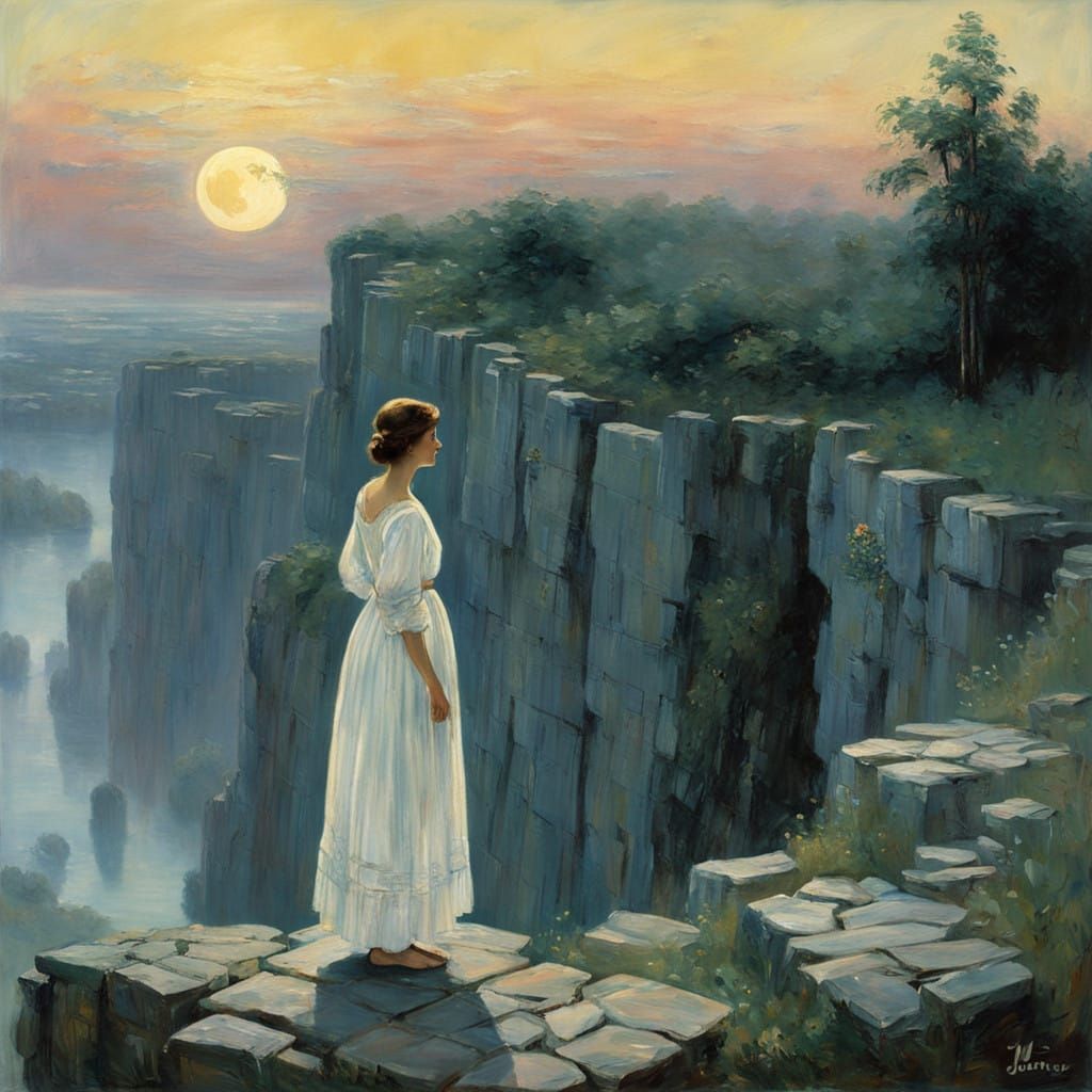 Ethereal Woman Under Moonlit Quarry